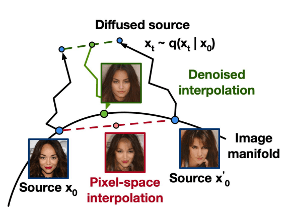 Diffusion Space, Image Manifold Space and Denoised Interpolation