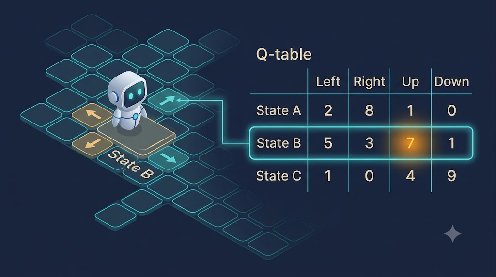 A Q-table stores learned values for state-action pairs. In State B, moving upward currently has the highest Q-value.