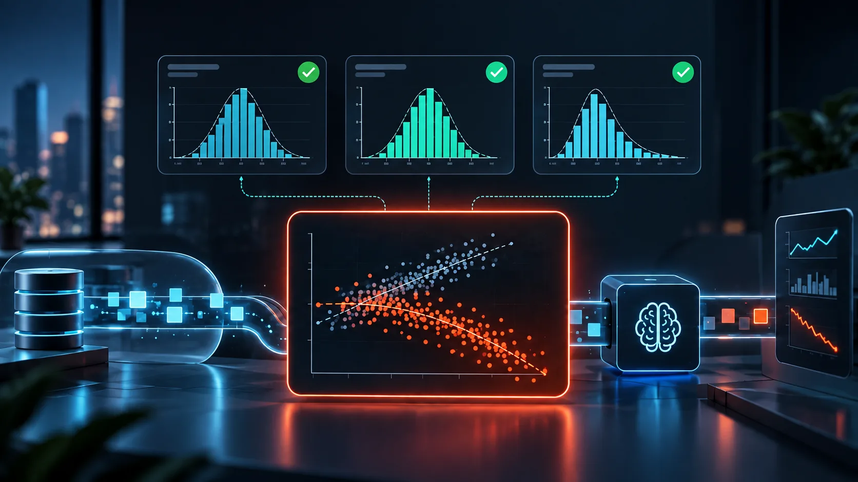Conceptual illustration of machine learning drift monitoring showing three feature distribution charts marked as normal, while a central scatter plot highlights a hidden change in feature relationships affecting model performance.
