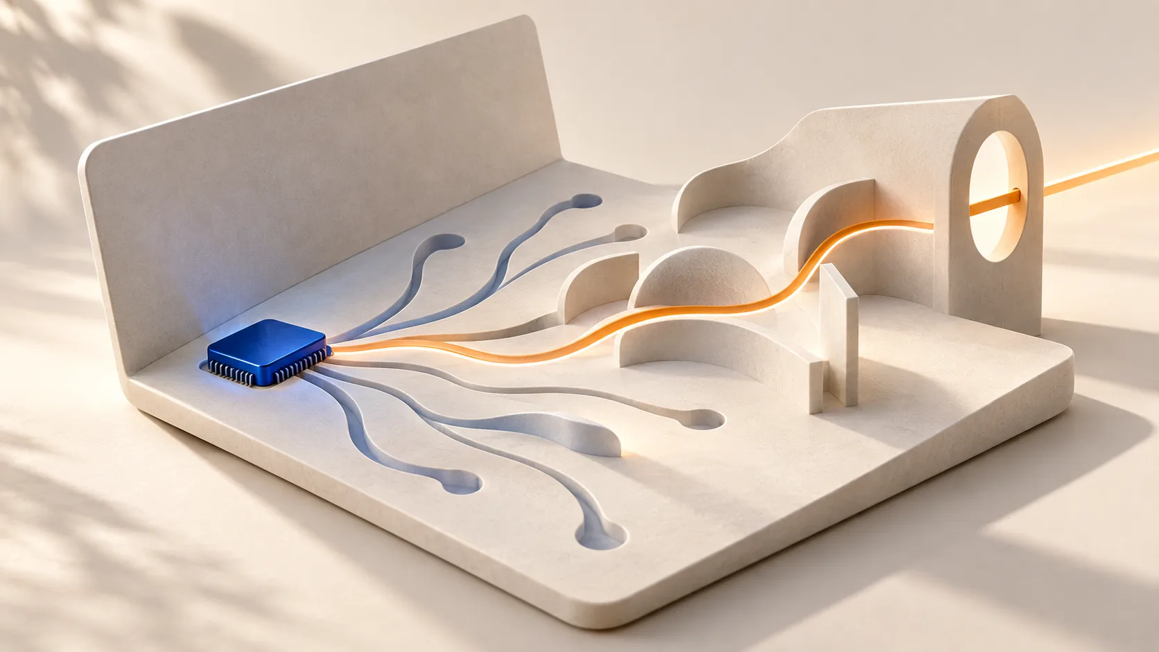 A blue processor on a laptop-shaped platform connects to several branching paths, with one orange path passing through an arch.