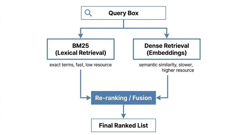 BM25 hybrid search architecture lexical dense retrieval.
