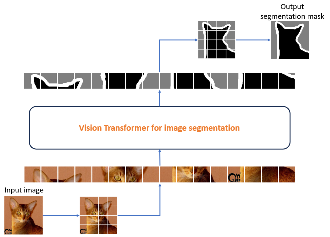 Figure 5: The end to end working of the vision transformer for image segmentation. Image generated using this notebook. Source: Authors.