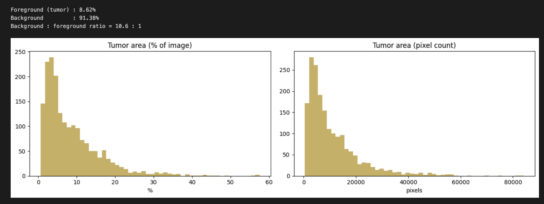 Bar chart comparing foreground and background pixels in the BUS-BRA dataset. Background pixels outnumber tumor pixels by approximately 10.6 to 1, illustrating the strong class imbalance.