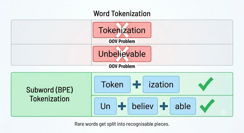 Subword tokenization splits rare words into recognisable pieces while keeping common words intact