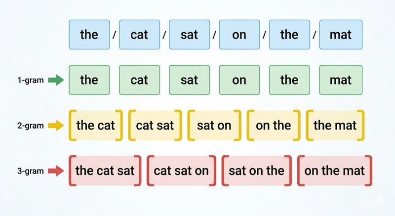 N-grams capture sequences of consecutive tokens: unigrams, bigrams, and trigrams