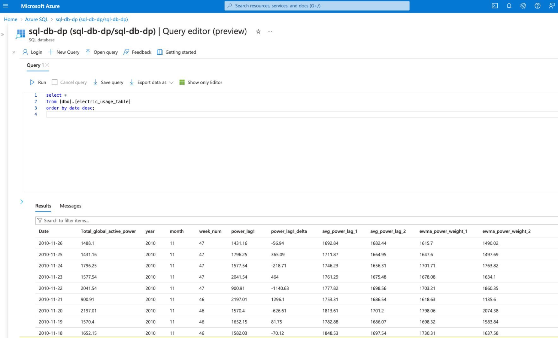 Query result of the Azure SQL database Image by author